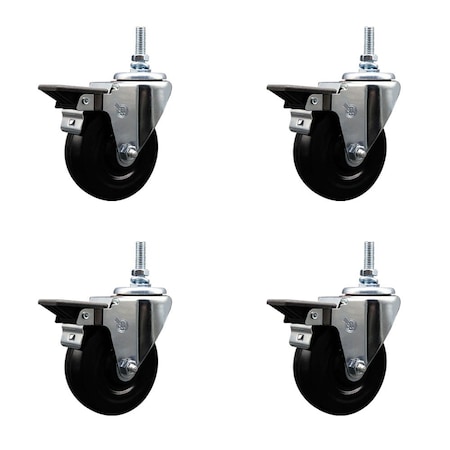 Service Caster 4 Inch Hard Rubber 38 Inch Threaded Stem Caster Set with Brake SCC-TS20S414-HRS-PLB-381615-4